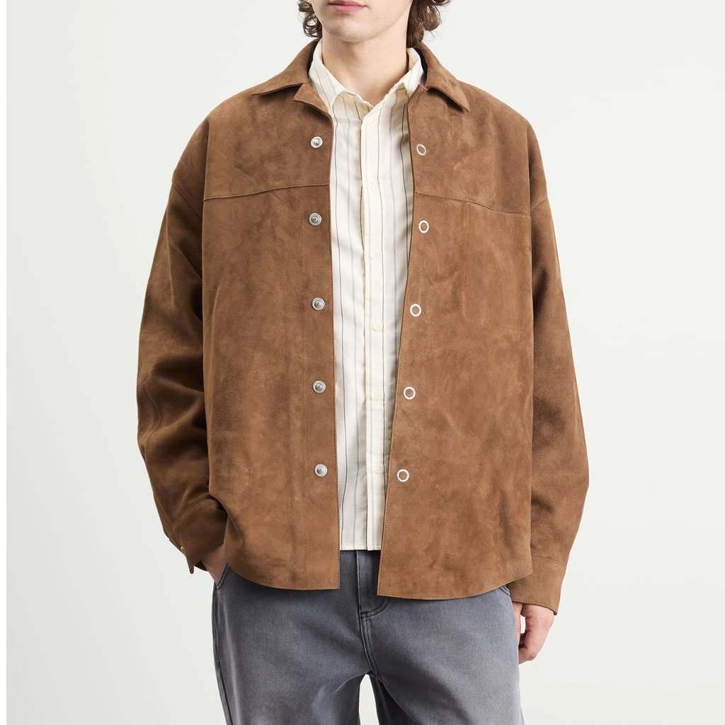 AMI Paris Men's Goat Suede Leather Shirt Jacket Noisette